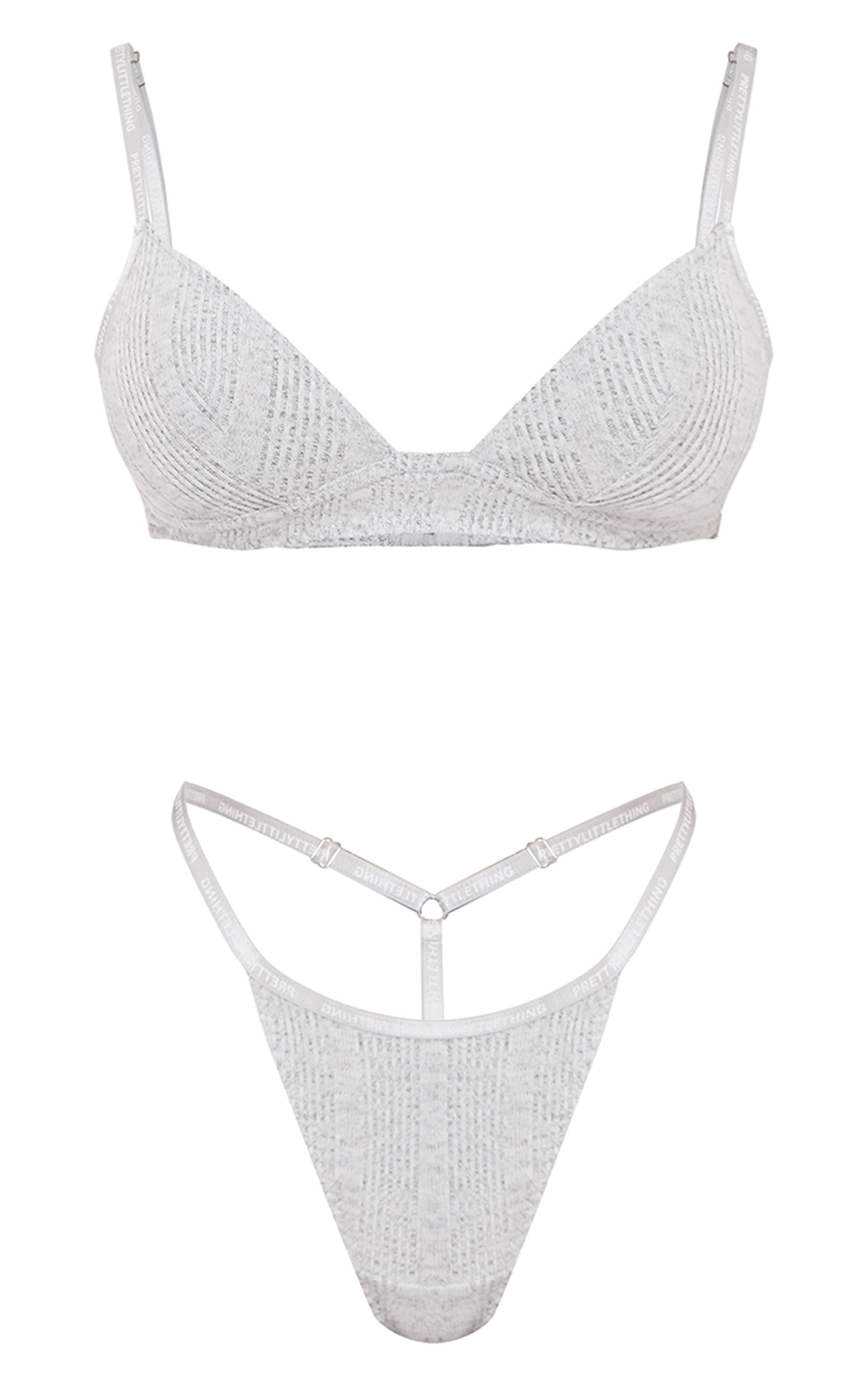 PRETTYLITTLETHING Grey Ribbed Bra And Thong Set Product Image