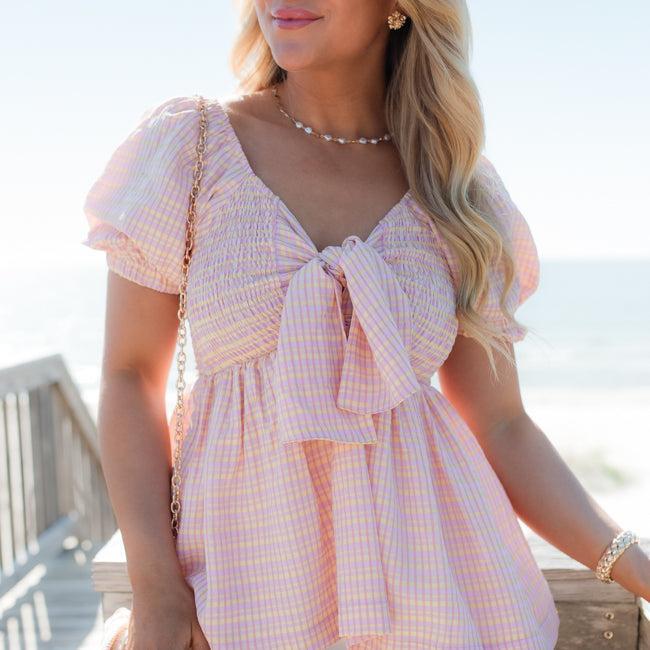 Fresh Beginnings Pink Plaid Smocked Bust Top Product Image