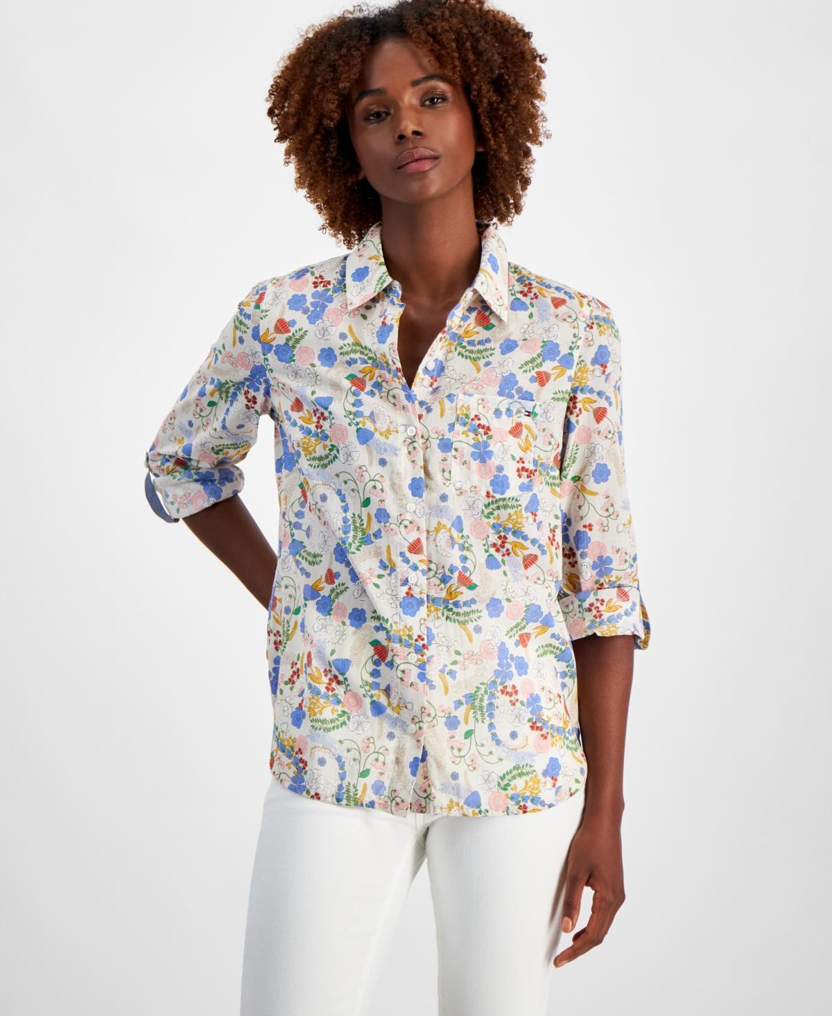 Women's Cotton Floral-Print Roll-Tab Shirt Product Image