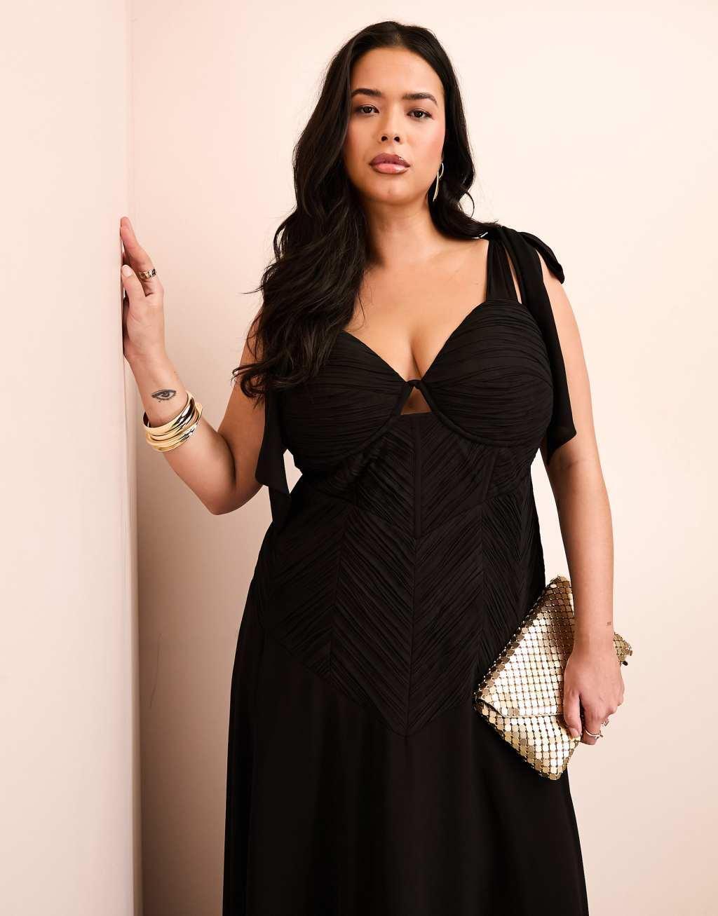 ASOS LUXE Curve chiffon tie shoulder maxi dress in black Product Image