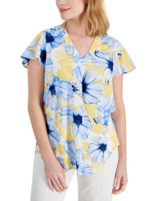 Petite Floral Print Pleat-Front Flutter-Sleeve Top Product Image