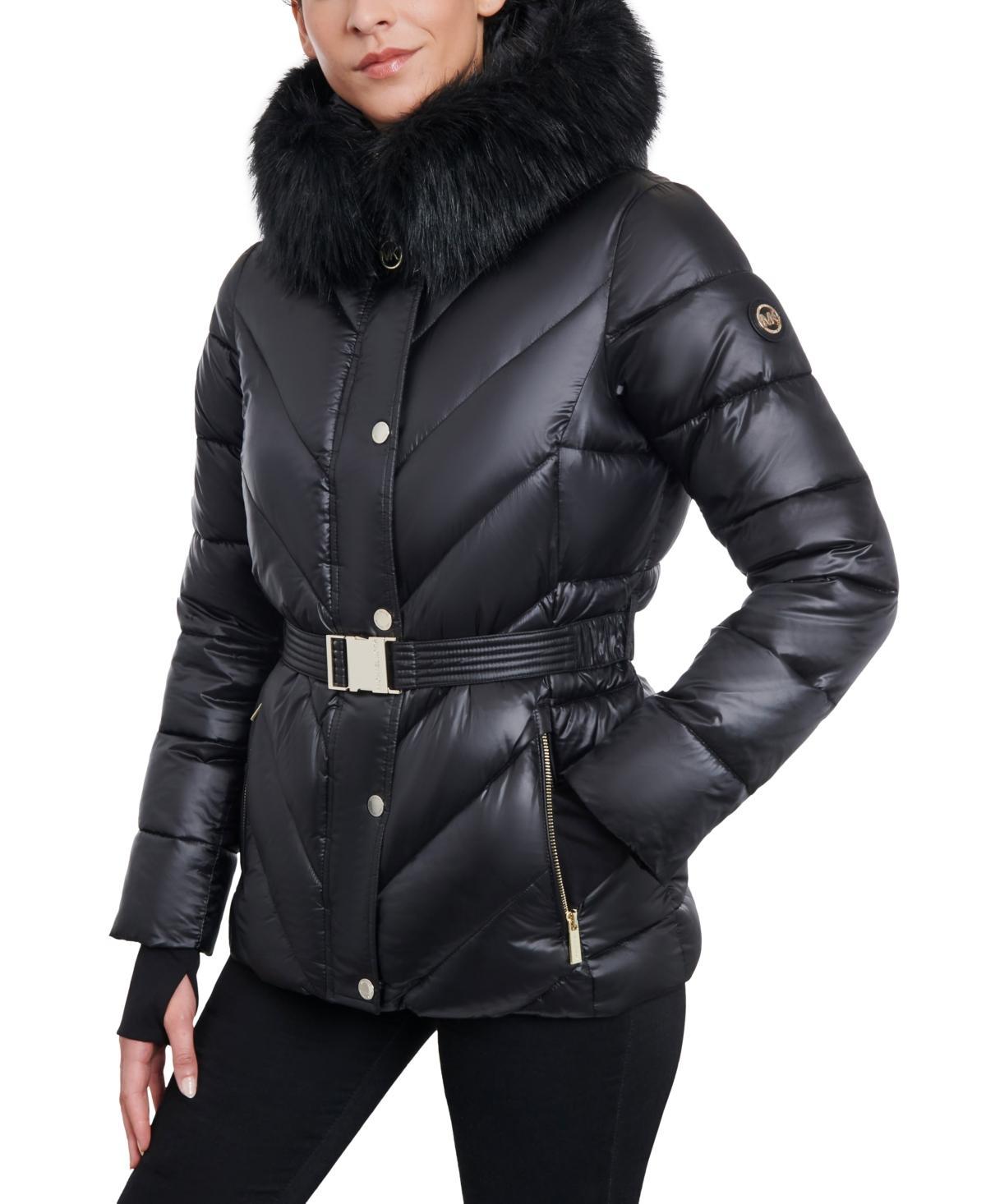 Women's Shine Belted Faux-Fur-Trim Hooded Puffer Coat Product Image