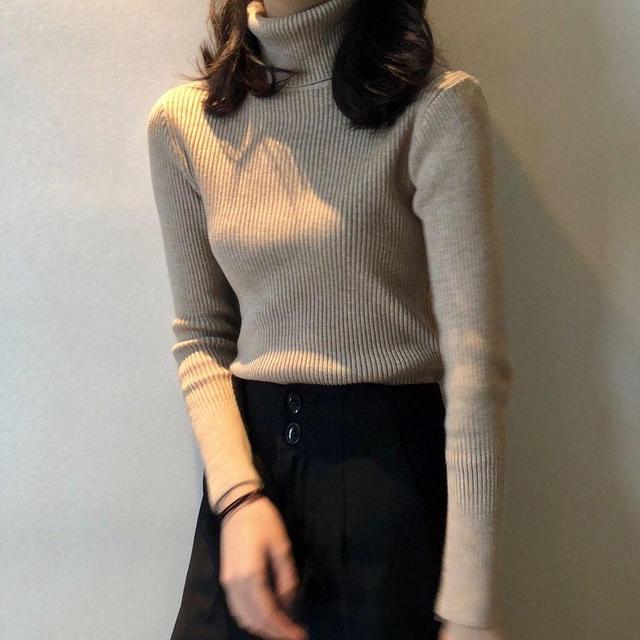 Long-Sleeve Turtleneck Plain Slim Fit Knit Top Product Image