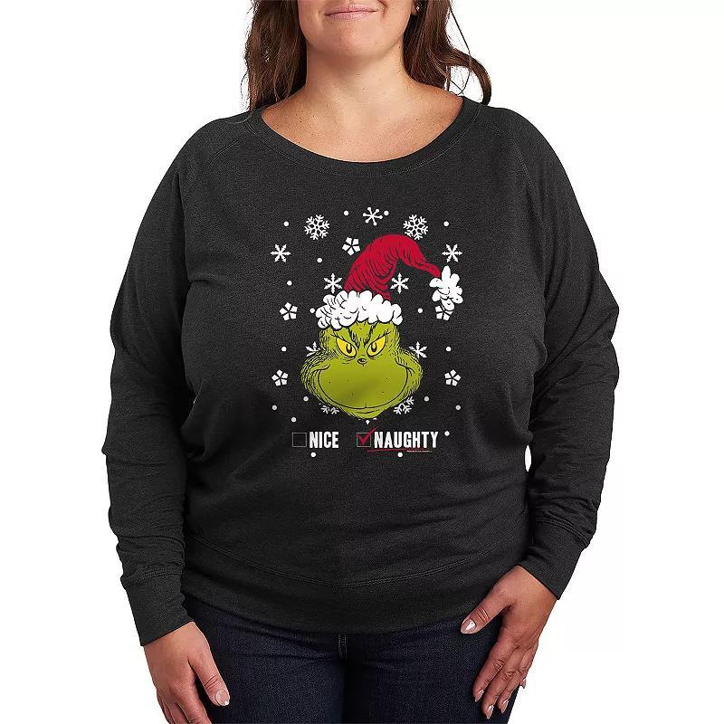 Plus Size Dr. Seuss The Grinch Naughty Or Nice Lightweight French Terry Sweatshirt, Womens Grey Indigo Product Image