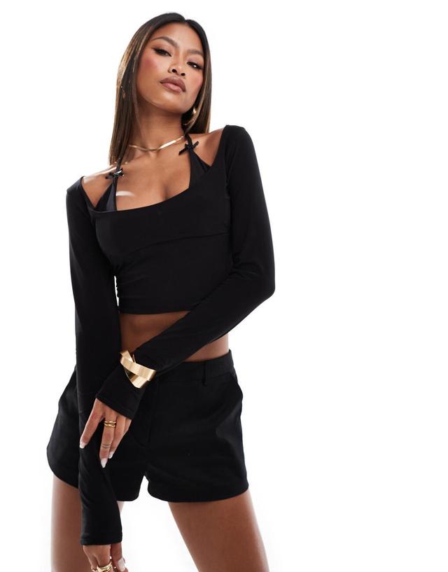 Kaiia soft touch halterneck bow strap detail top in black Product Image