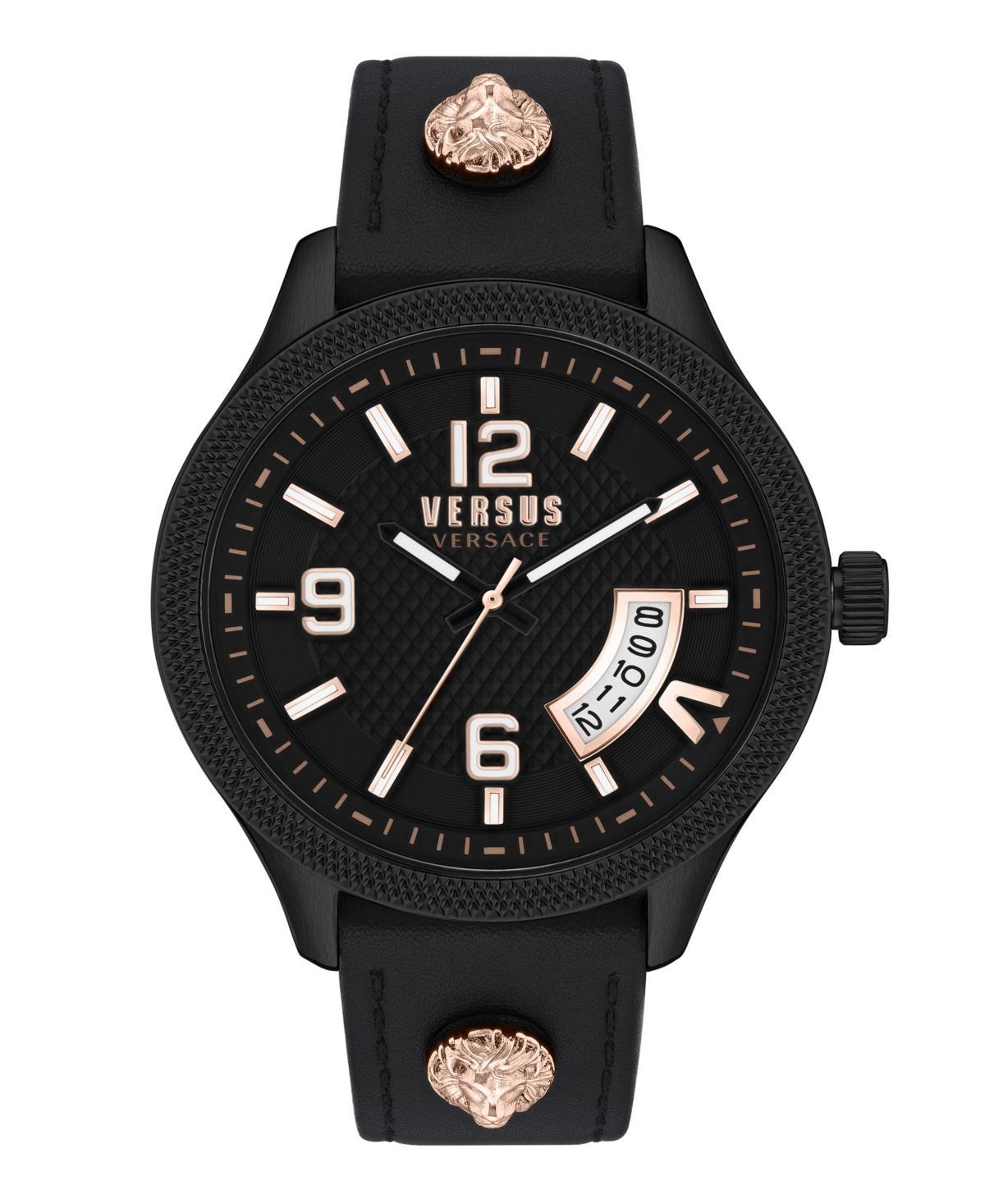 Versus Versace Mens Reale Three Hand Date Black Leather Watch 44mm - Black Product Image