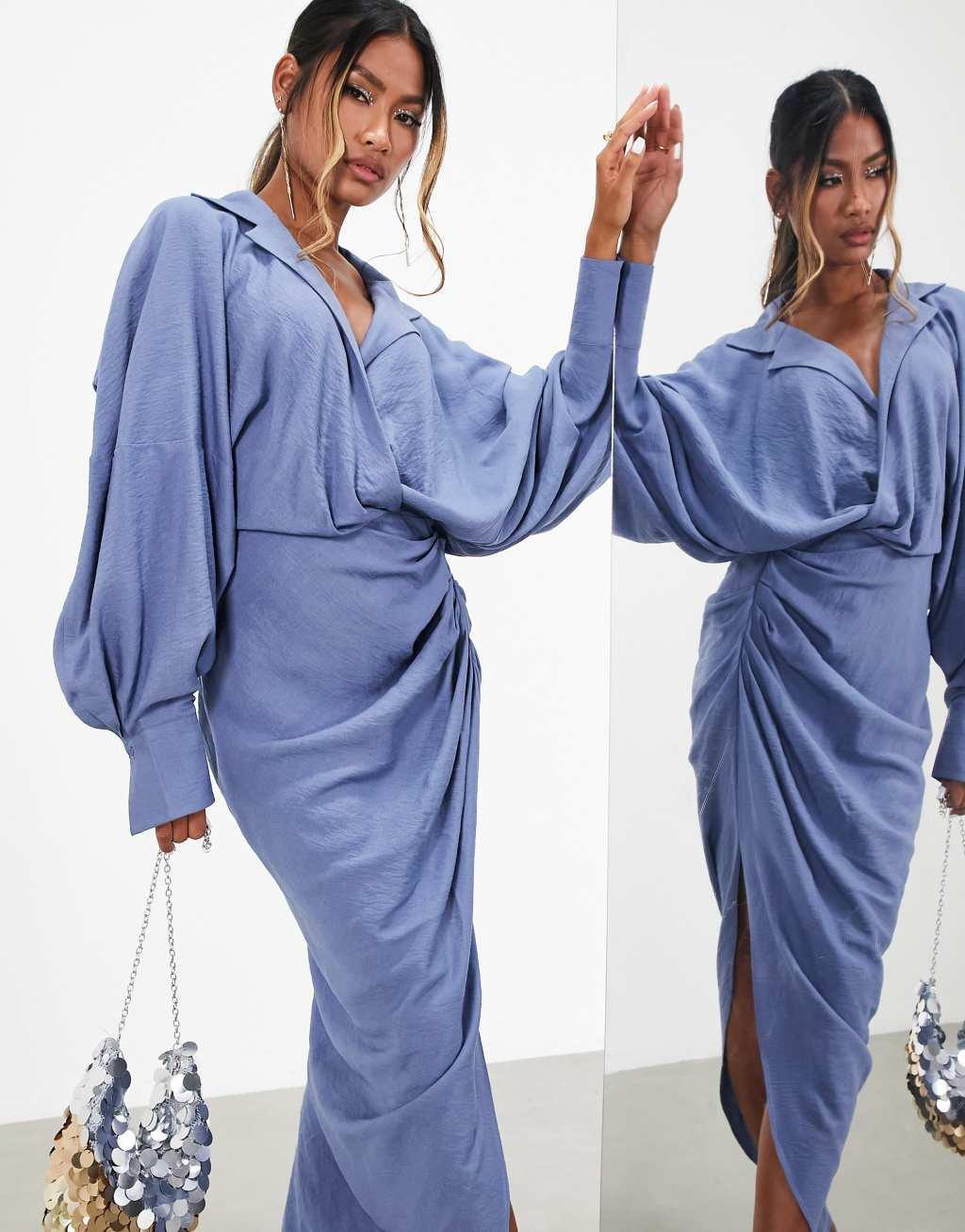 ASOS EDITION textured drape midi shirt dress with tie detail in blue Product Image