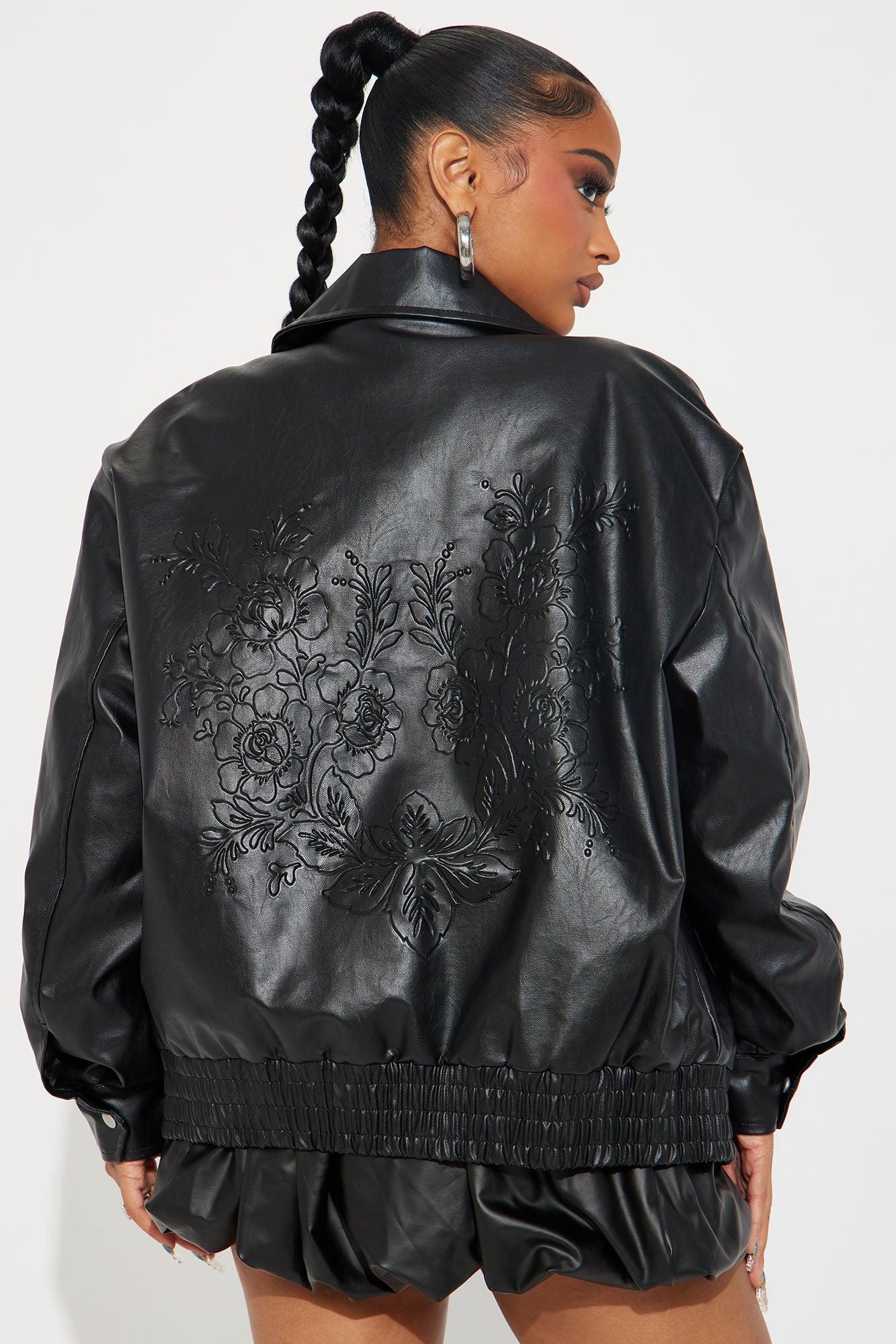 Just A Feeling Embossed Faux Leather Bomber Jacket - Black Product Image