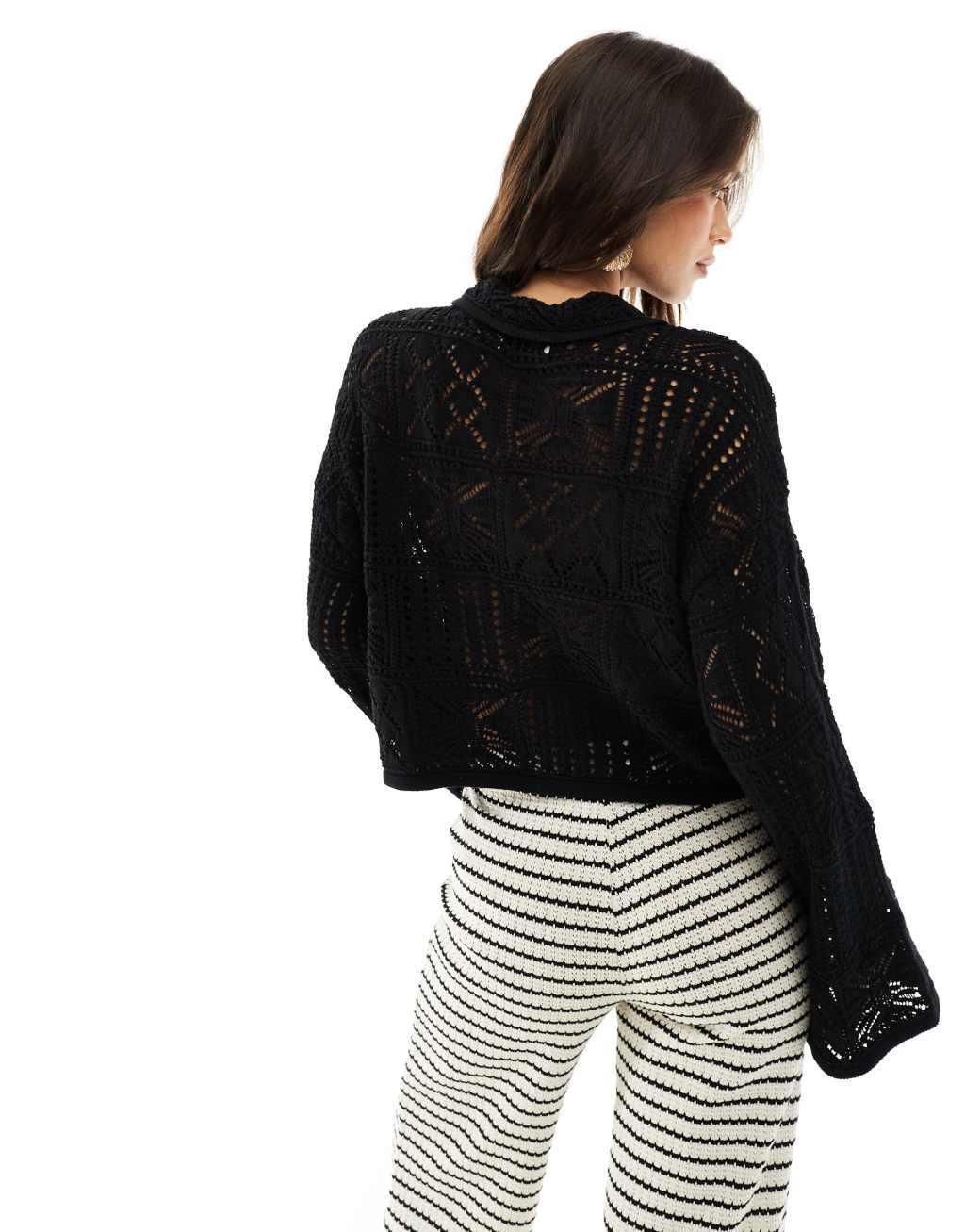 Vero Moda Aware crochet knit cardigan with collar in black Product Image