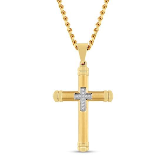 Men's 1/20 CT. T.w. Diamond Mini Cross Inlay Pendant in Stainless Steel and Yellow Ion Plate - 24" Product Image