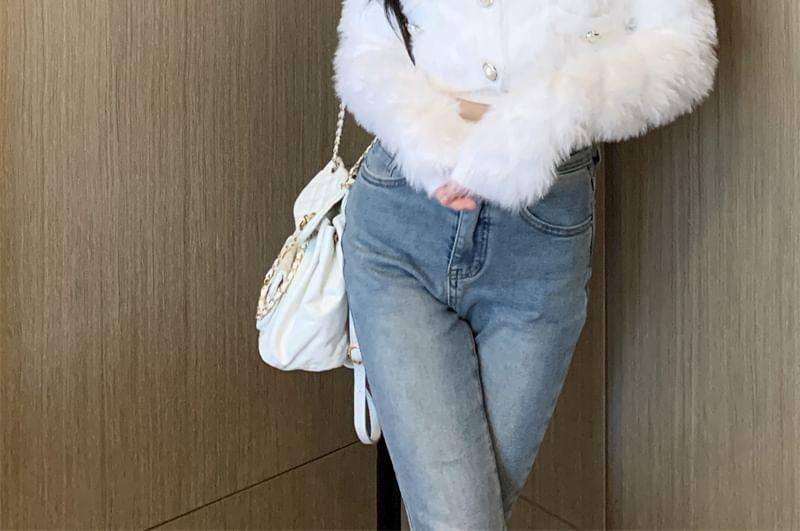 Round Neck Plain Fluffy Cropped Cardigan Product Image