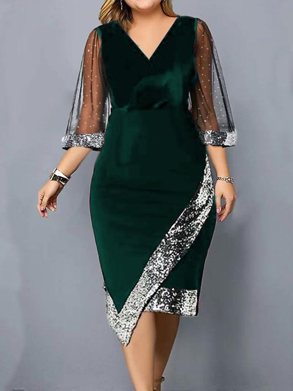 Bodycon Wrap Contrast Color Mesh Sequined Split-Joint V-Neck Midi Dresses Product Image