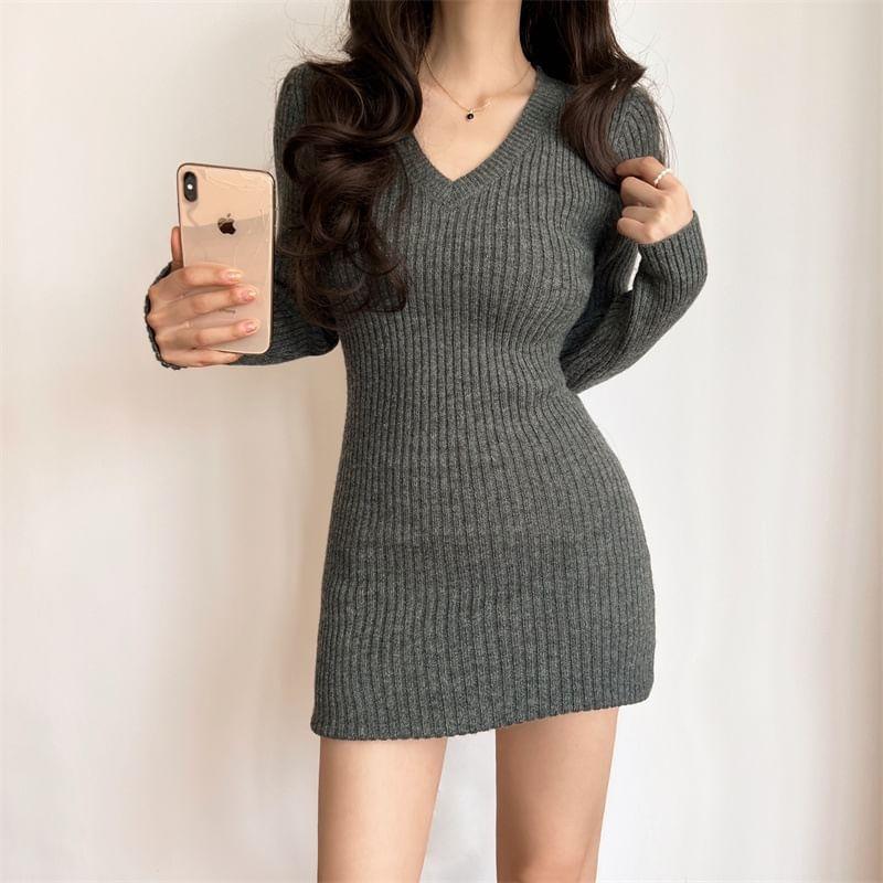 Long-Sleeve V-Neck Knit Mini Bodycon Dress Product Image