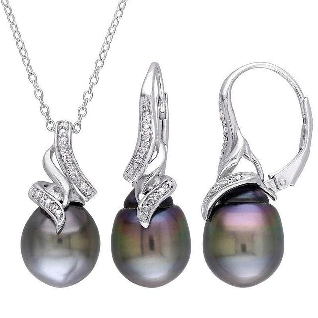 Stella Grace Sterling Silver 1/10 Carat T.W. Diamond & Dyed Tahitian Cultured Pearl Drop Pendant & Earring Set, Womens, Black Product Image