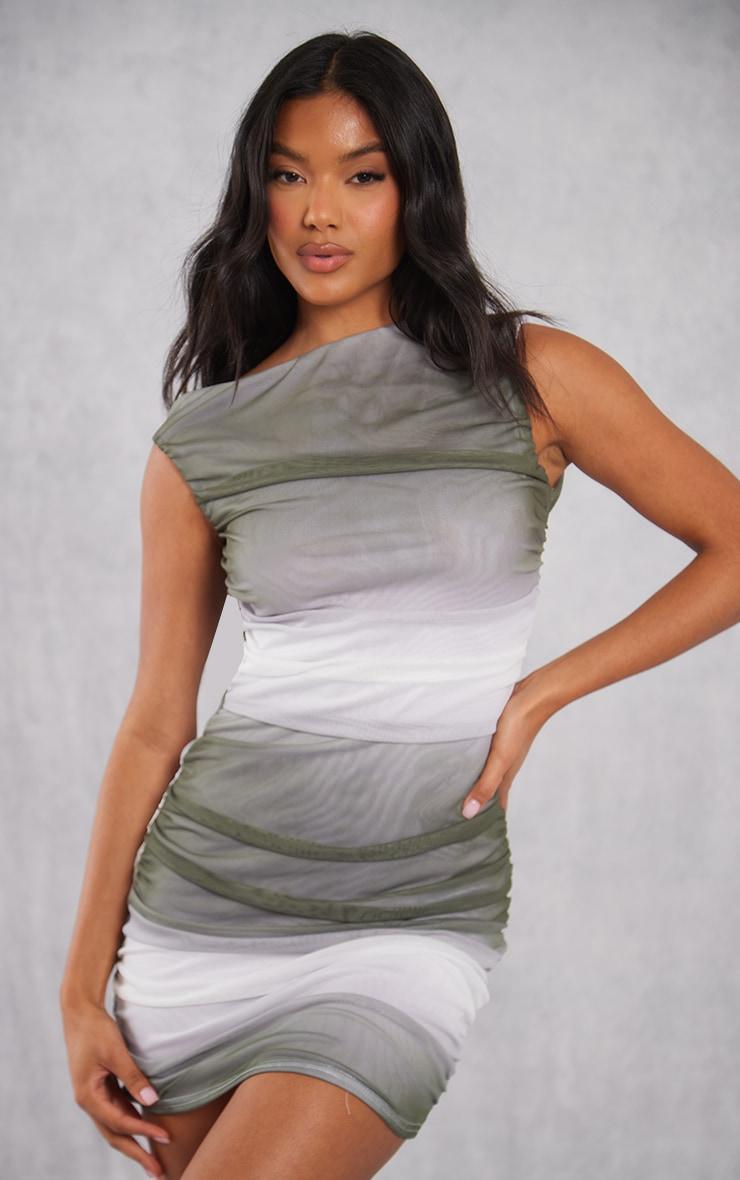 Green Ombre Print Mesh Ruched Bodycon Dress Product Image