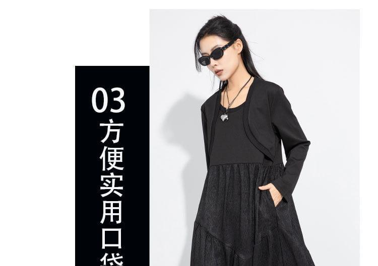 Long Sleeve Round Neck Plain Mock Two Piece Midi A-Line Dress Product Image