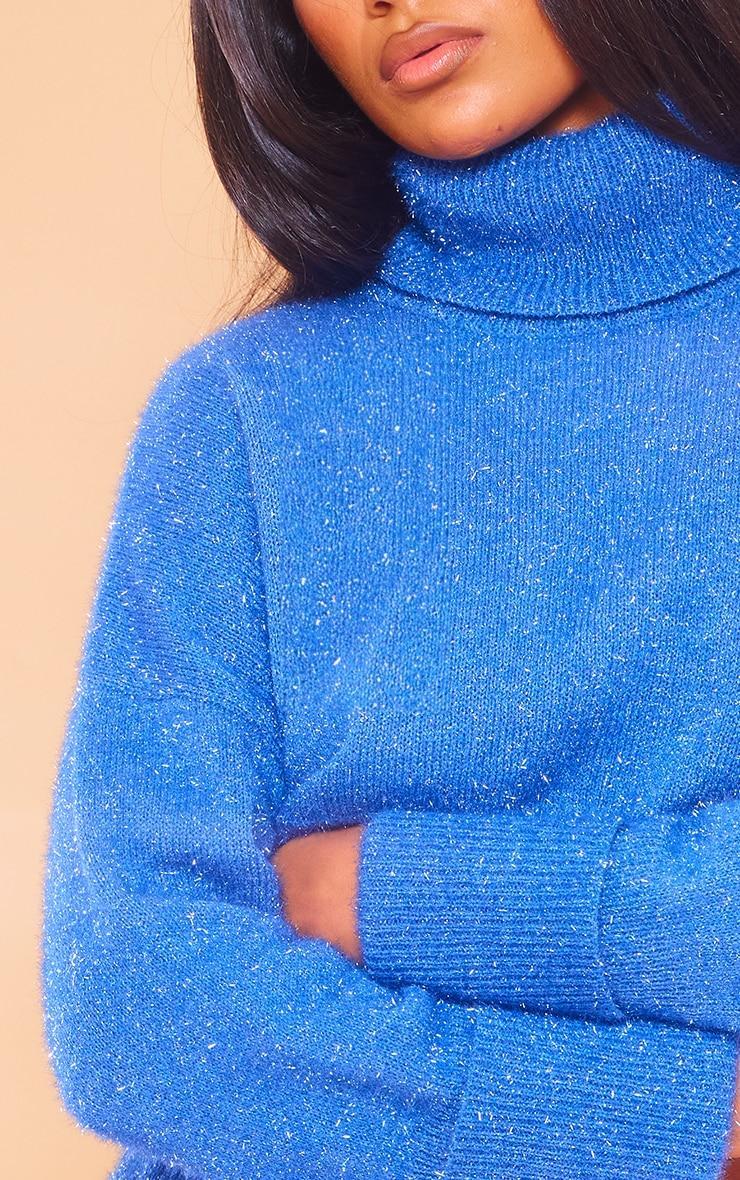 Midnight Blue Tinsel Knit High Neck Oversized Sweater Product Image