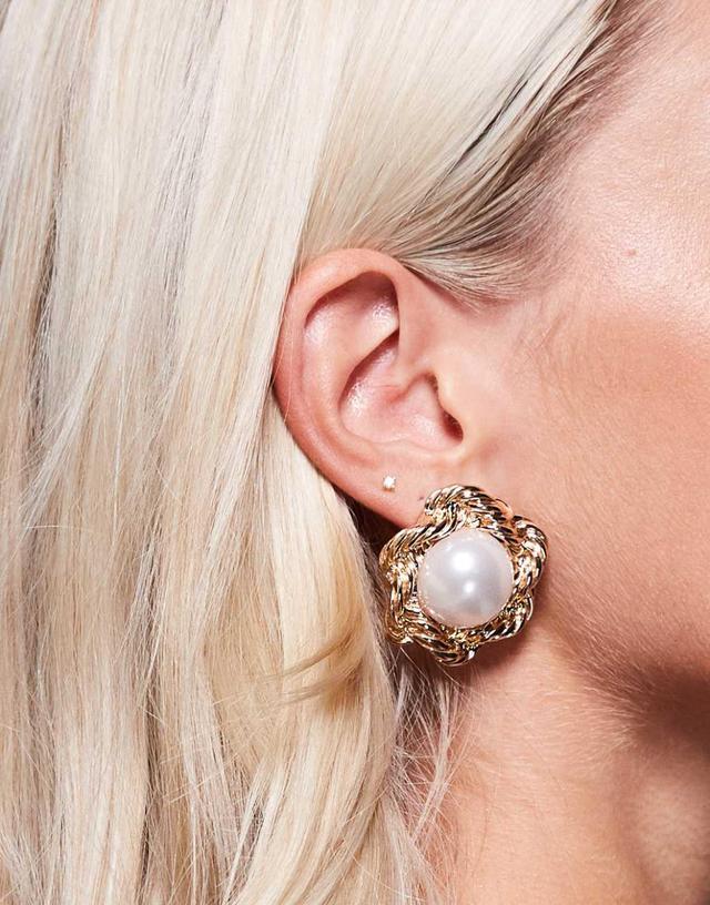 ASOS DESIGN oversized stud earrings with twist chain and faux pearl detail in gold tone Product Image