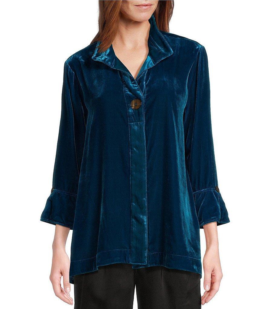 John Mark Woven Velvet Wire Collar 3/4 Rolled Sleeve Hi-Low Hem Tunic Product Image