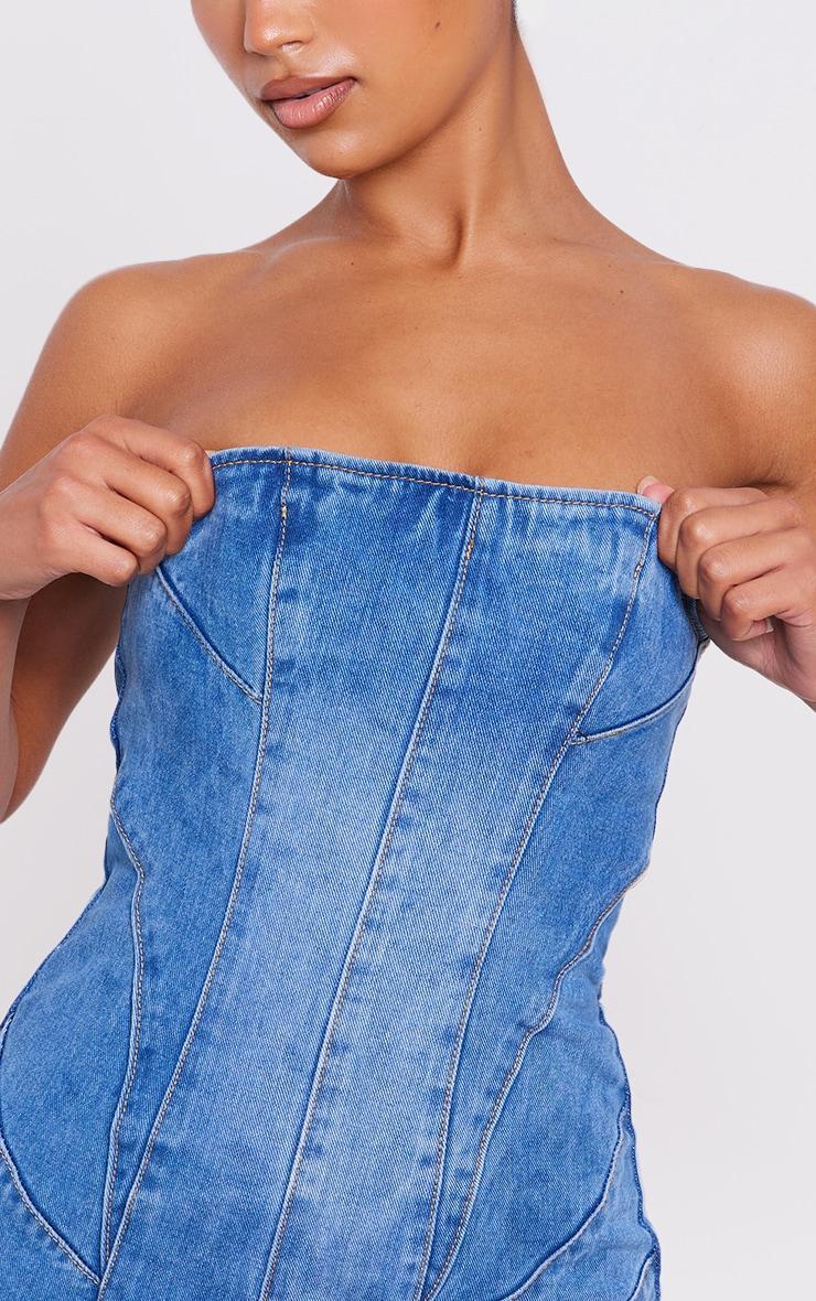 Mid Blue Wash Seam Detail Bandeau Denim Mini Dress Product Image