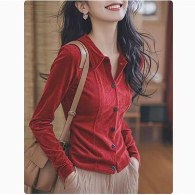 Long-Sleeve Striped Velvet Shirt Product Image