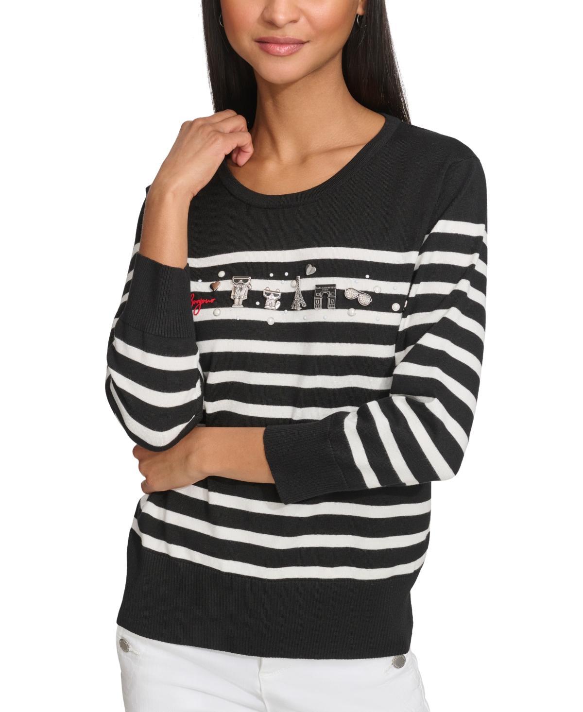 Karl Lagerfeld Paris Womens Embellished Striped 3/4-Sleeve Sweater Product Image