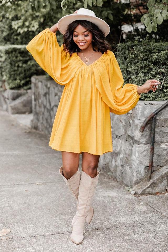 As Free As The Wind Yellow V Neck Bubble Sleeve Mini Dress FINAL SALE Product Image