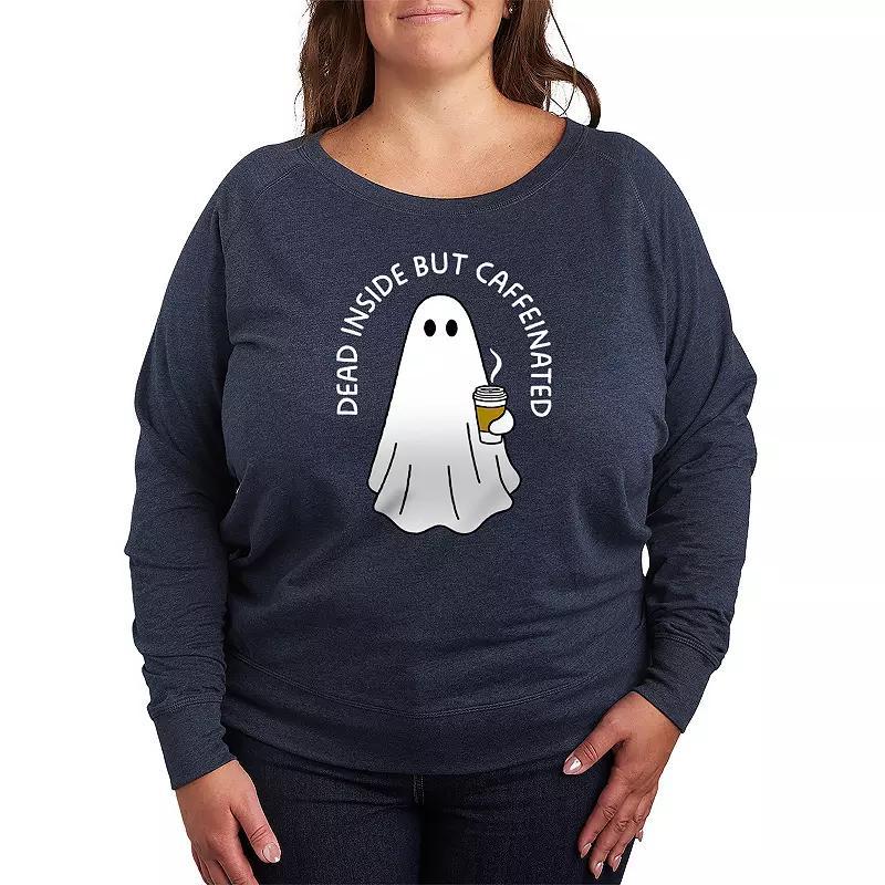 Plus Size Dead Inside Caffeinated Ghost Pullover, Womens Grey Green Product Image