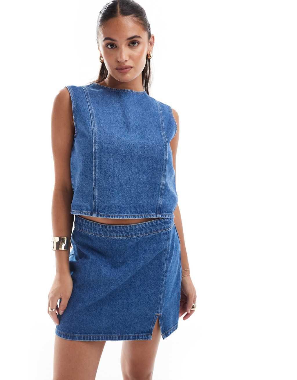 ASOS DESIGN denim high neck top in mid blue product image