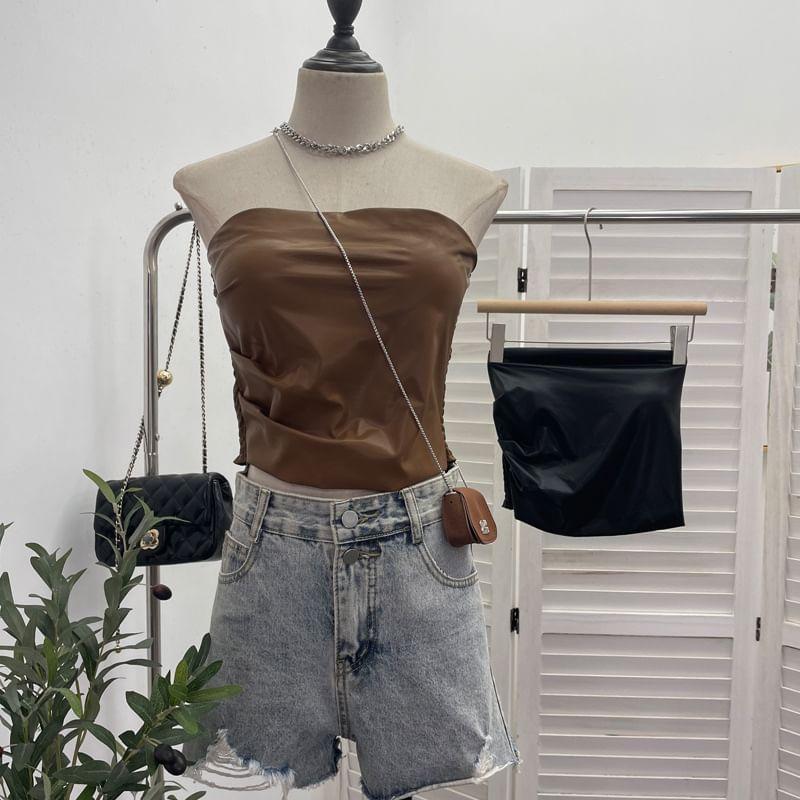 Strapless Faux Leather Plain Ruched Crop Top Product Image