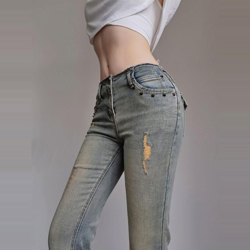 Low Waist Studded Washed Ripped Flared Jeans Product Image