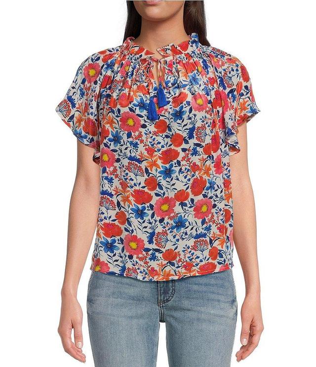 Karyn Seo Floral Printed Split Tie V-Neck Short Flutter Sleeve Top Product Image