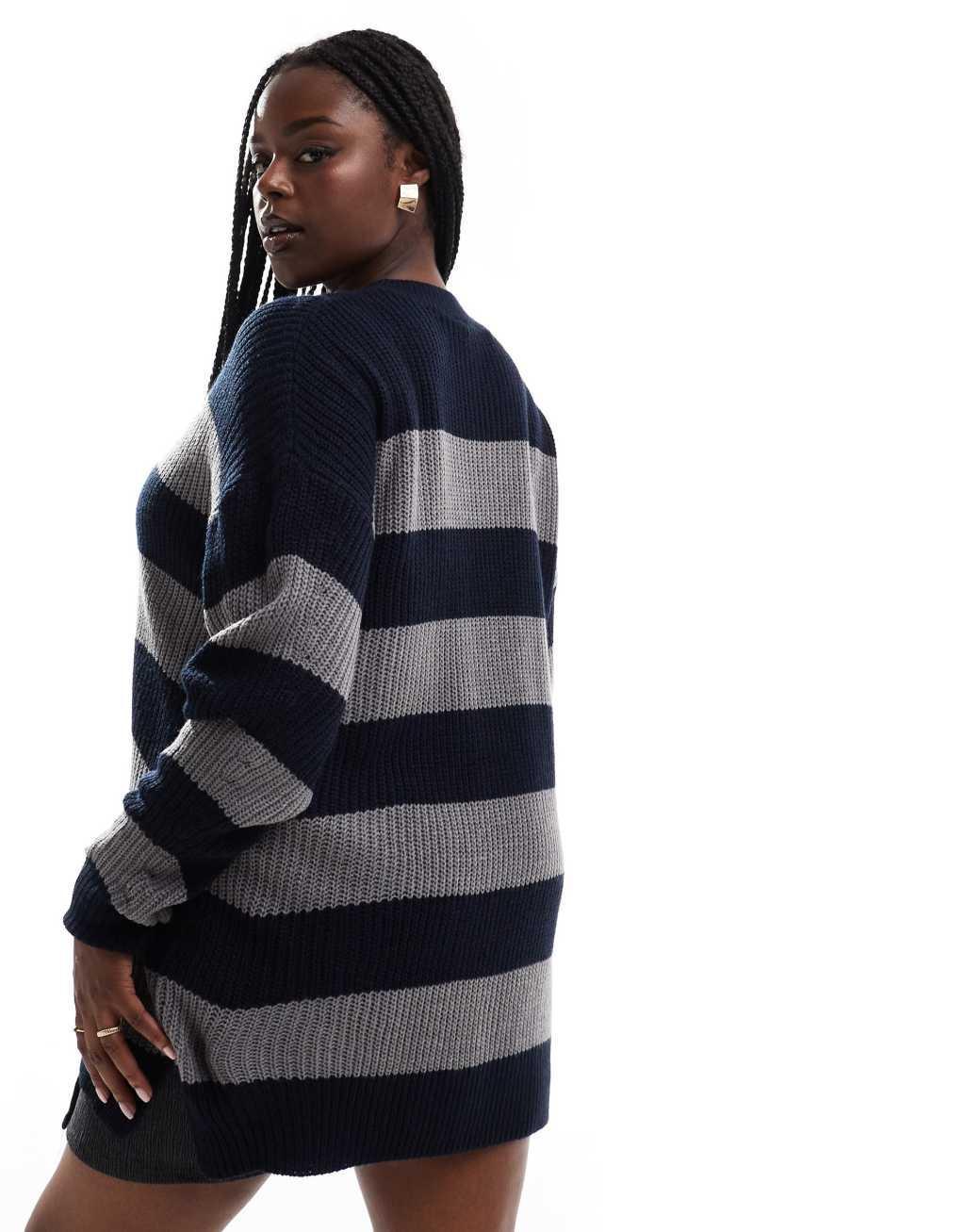 Yours dropped shoulder striped sweater in navy and gray Product Image