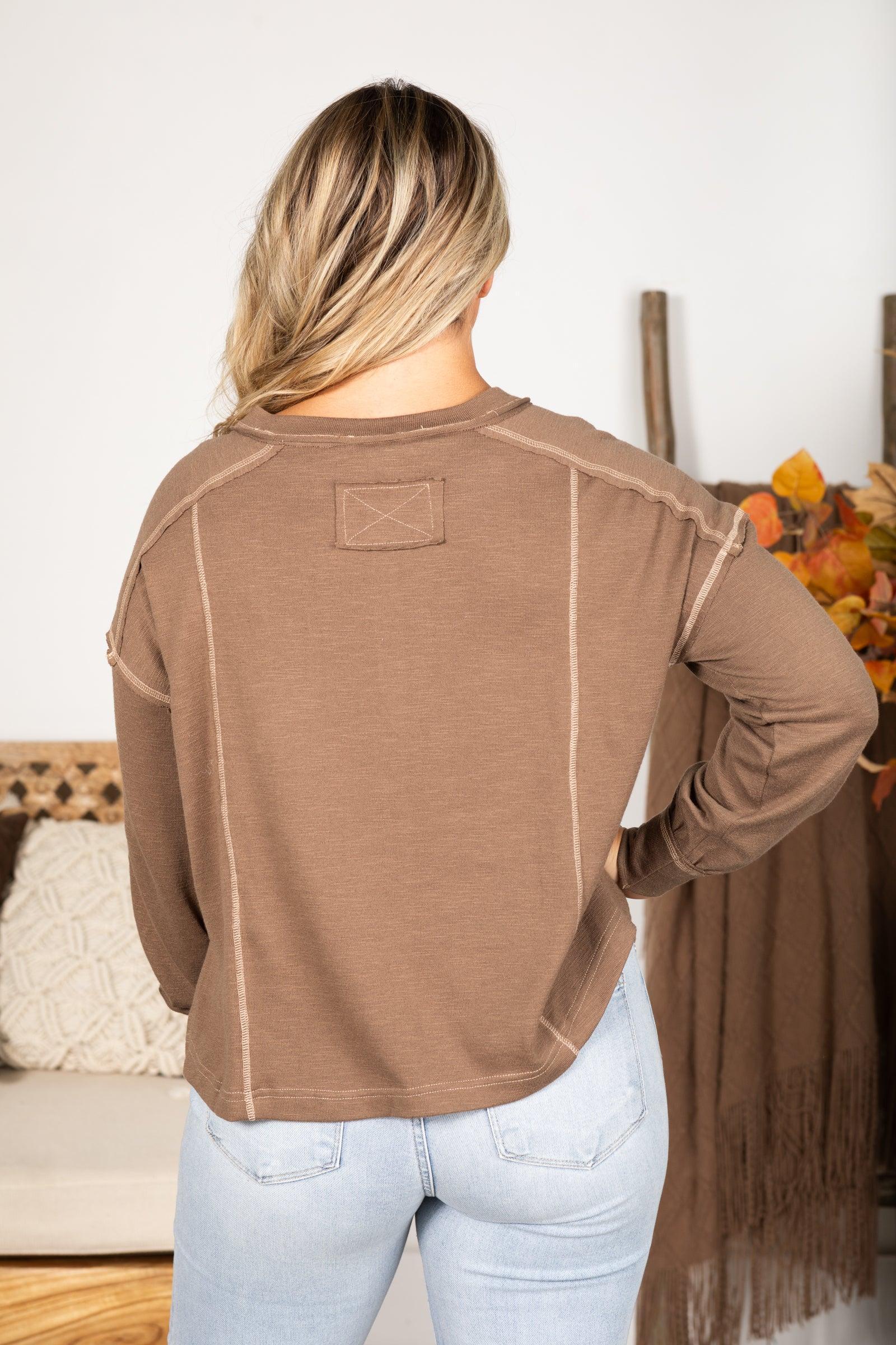 Contrast Stitch Long Sleeve Henley Knit Top Product Image