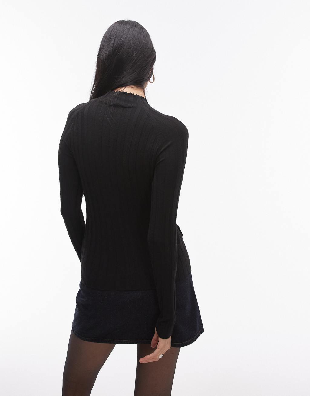 Mango high neck ribbed knit top in black Product Image