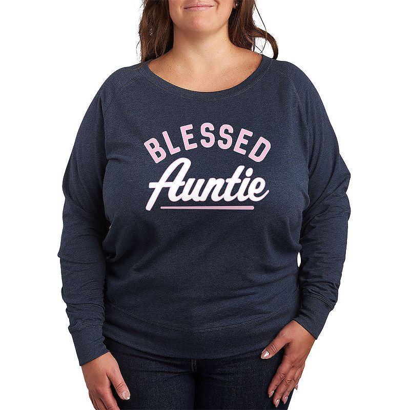 Plus Size Blessed Auntie Lightweight French Terry Sweatshirt, Womens Grey Indigo Product Image