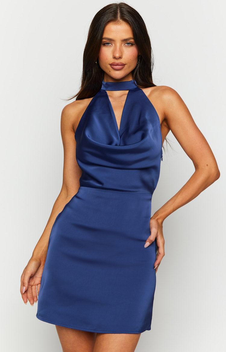 Kai Blue Satin Halter Mini Dress Product Image