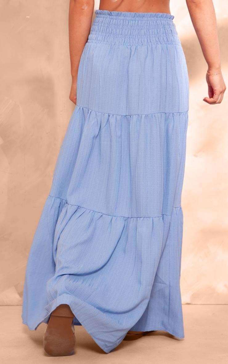 Dusty Blue Cheesecloth Shirred Waist Tiered Maxi Skirt Product Image