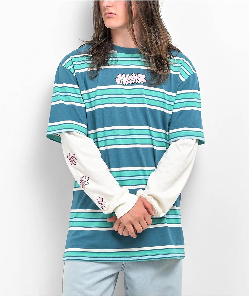 Salem7 Flower Power Blue Stripe 2Fer Long Sleeve T-Shirt Product Image