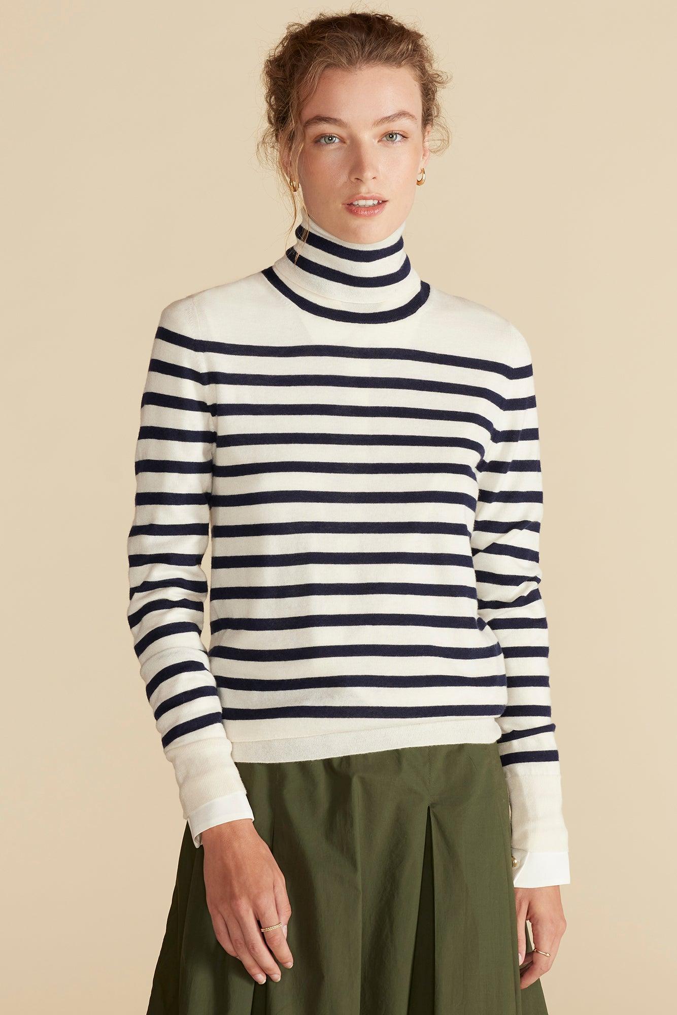 Carrie Turtleneck Cashmere Sweater - Ivory and Navy Blue Stripe Product Image