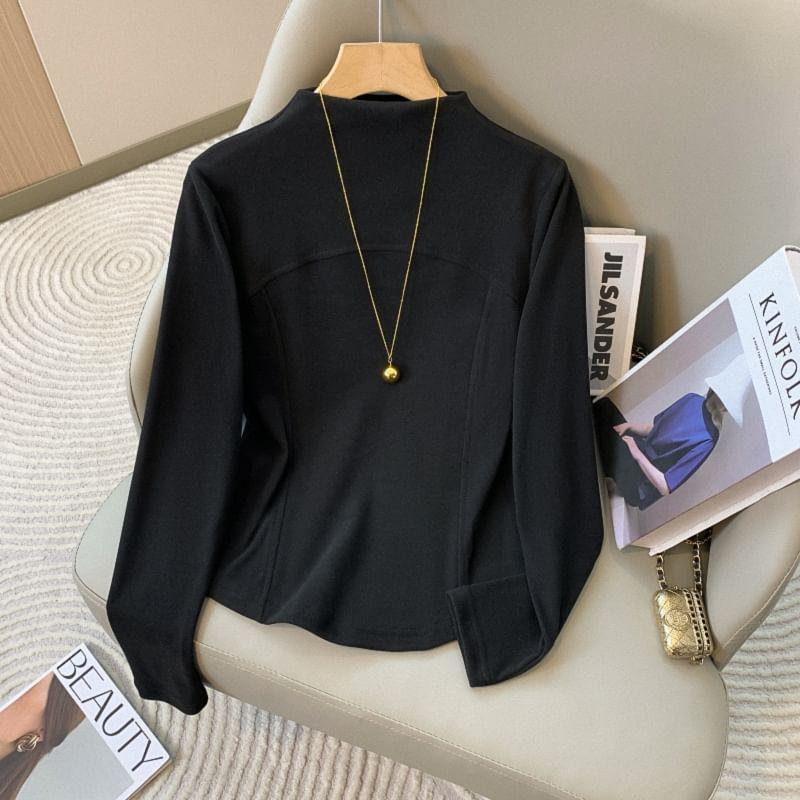 Long Sleeve Mock Neck Plain Panel Top Product Image