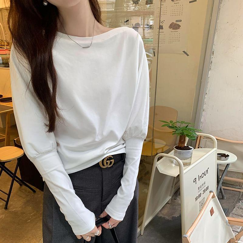 Long Sleeve Off Shoulder Plain T-Shirt Product Image