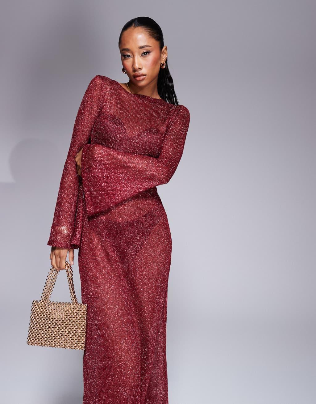 ASOS DESIGN sheer shimmer knit angel sleeeve maxi dress with cut out back in red Product Image