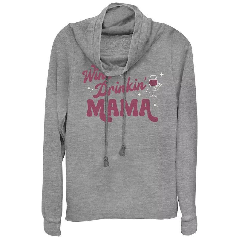 Womens Plus Wine Drinking Mama Cowlneck Graphic Lightweight Long Sleeve Gray Grey Product Image