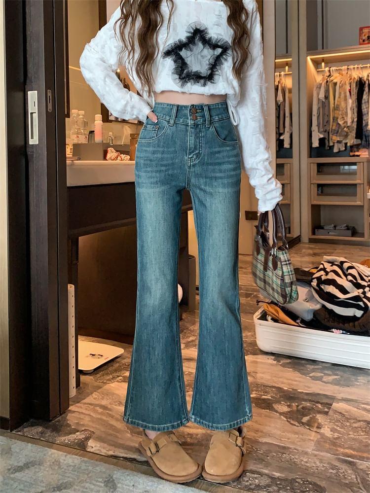 High Waist Washed Bootcut Jeans Product Image