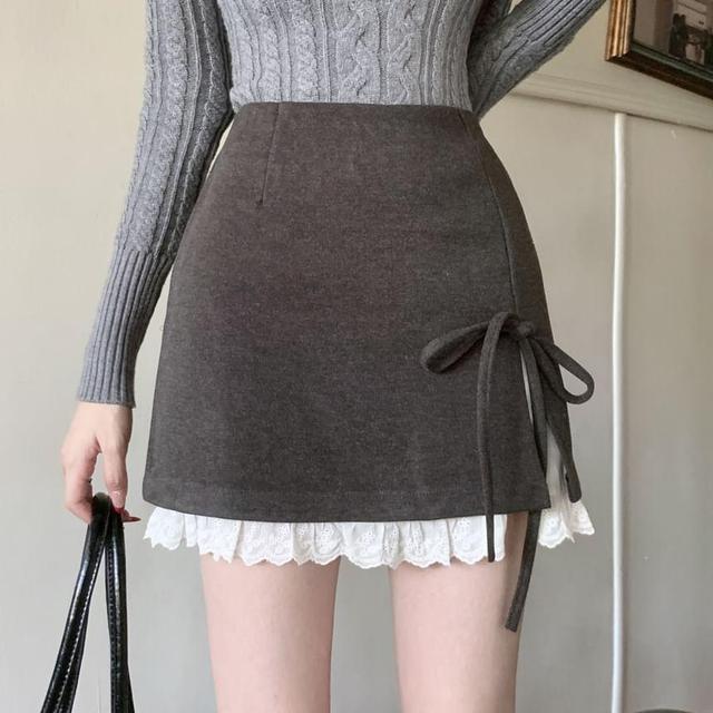 High Waist Bowknot Slit Lace Trim Mini A-Line Skirt Product Image