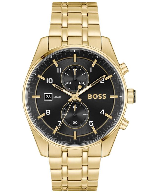 Boss Mens Skytraveller Quartz Fashion Chrono Ionic Plated Thin Gold-Tone Steel Watch 44mm - Ionic Plated Thin Gold Steel Product Image