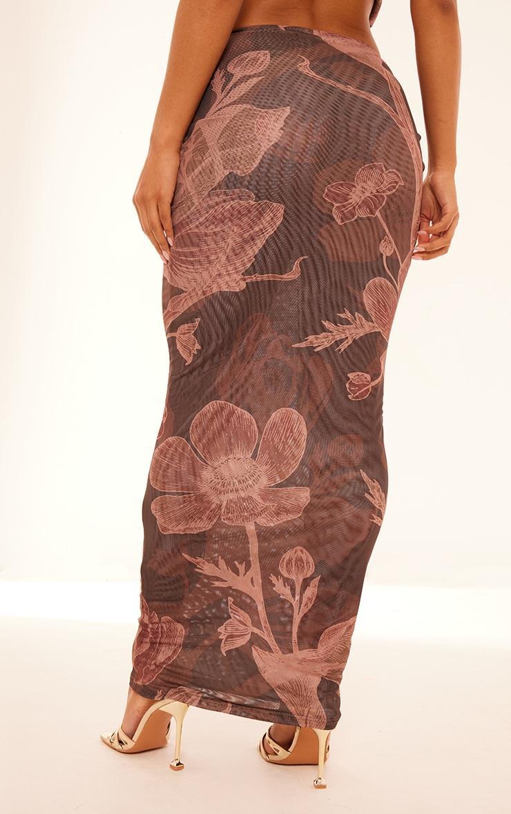 Brown Floral Printed Ruched Maxi Skirt Product Image