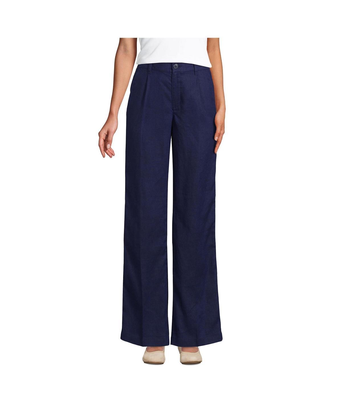 Womens Lands End High-Rise Wide-Leg Linen Pleated Pants Deep Blue Product Image