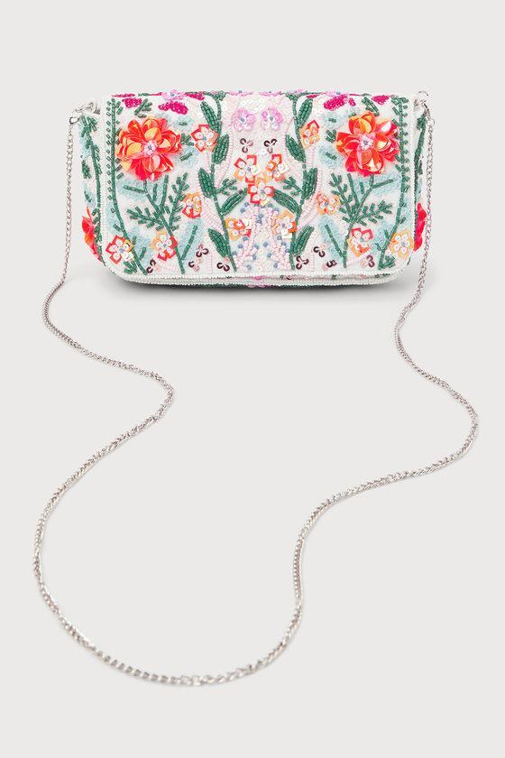 Brave Blooms White Multi Floral Beaded Sequin Clutch Product Image